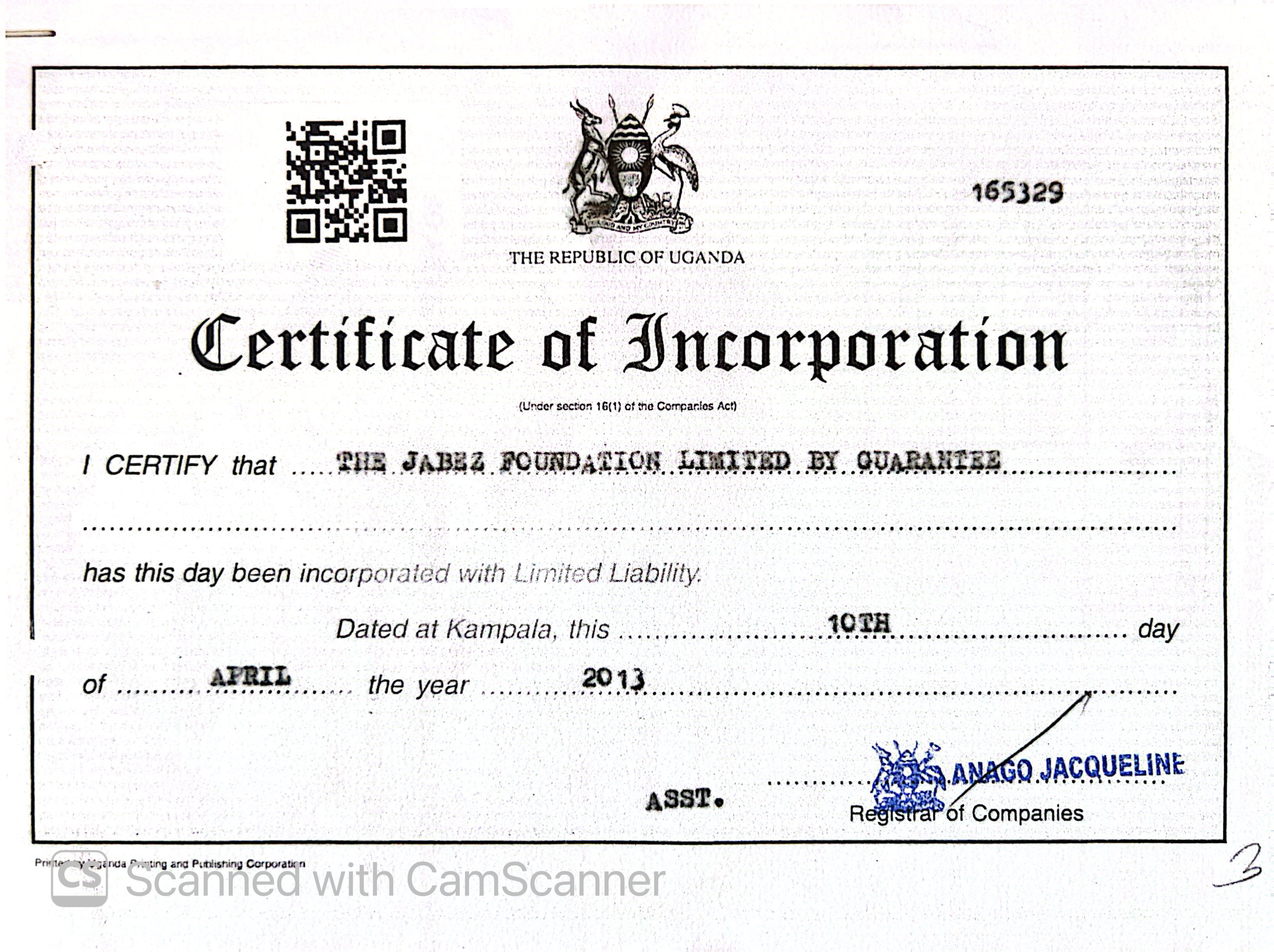 Certificate of registration for The Jabez Foundation Uganda